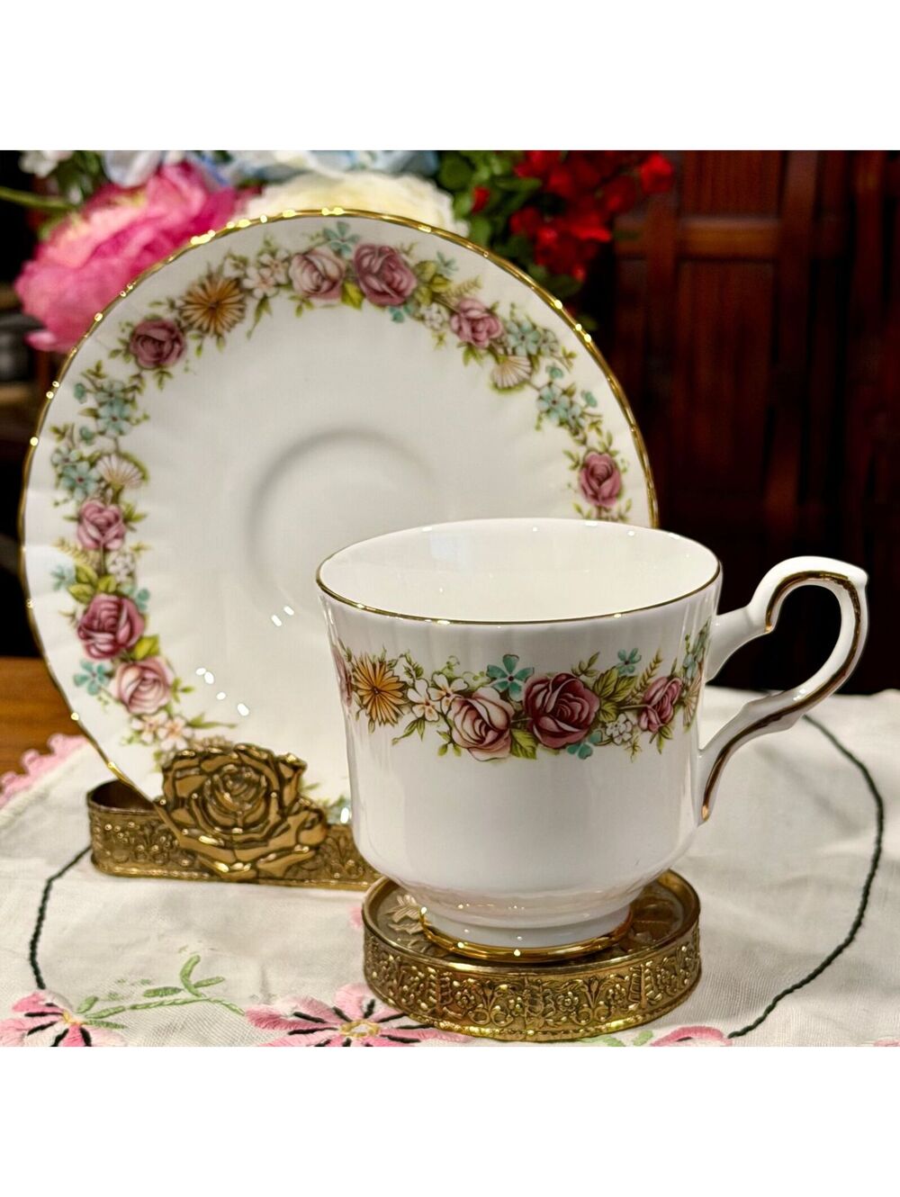 Royal Stafford Love Story Pink Rose China Teacup Saucer Set 9 England c. 1955